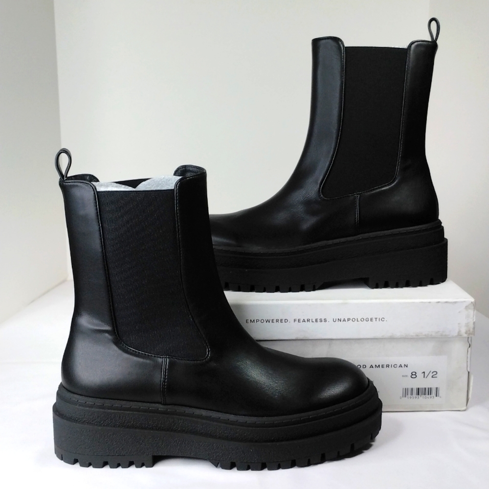 Good American Chelsea Black Leather Pull-on Chunky Platform Combat Boots NIB
